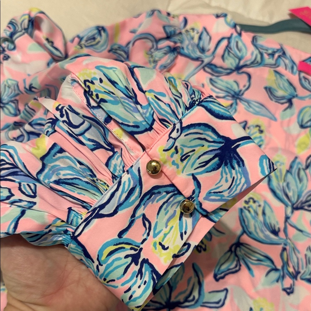 Lilly Pulitzer Maisel Pink Blue Top Floral Long Sleeve Gold Buttons NEW XL 14 16 - Picture 3 of 13